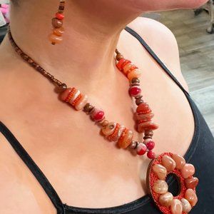 Handcrafted Carnelian Stone Necklace and Earring Set 4.9oz., 18-21 in. length.
